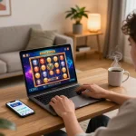 Person enjoying an online gaming experience with the okfun app on their laptop, showcasing vibrant casino gameplay.