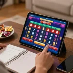 Pengguna Kenzototo memeriksa hasil terbaru Macau secara online di tablet dalam ruang tamu yang nyaman