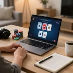 Player engaged in tr88 online poker game at home desk, showcasing strategy and comfort.