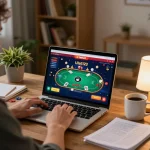 Pemain yang terlibat dengan permainan poker daring Ulat123 dari pengaturan rumah yang nyaman, menunjukkan suasana permainan yang bertanggung jawab.