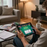 Experience immersive online gaming with AF88 in a cozy home setup, engaging with vibrant poker tournaments.