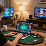 Player engaged in exciting online poker game on 388bet platform at home, showcasing strategic gaming atmosphere.