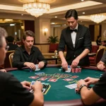 Players engage in thrilling blackjack gameplay at a casino table, showcasing a tr88 strategy moment with dealer action.