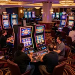 Players celebrating wins at colorful link slot machines in a vibrant casino atmosphere.