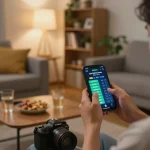 Person engaging with kèo nhà cái trực tiếp on mobile app in cozy living space.