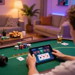Player engaging with tr88 poker game on tablet in cozy home environment.