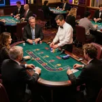 FIVE88 players strategizing during an exciting blackjack game on the casino floor