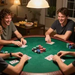 Players engage in a competitive poker game at home during a lively soc88 poker night, highlighting strategic gameplay.
