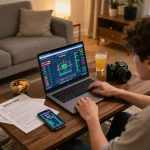 Pemain yang terlibat dalam permainan situs toto online dengan catatan strategi di lingkungan rumah yang nyaman.