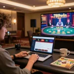 Player immersing in online gameplay at 789win casino, laptop screen displaying vibrant gaming interface.