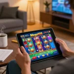 Mega888-mega888 gameplay interface displayed on tablet during cozy home session, emphasizing engaging online gambling.