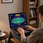 Navigating NK88 online casino games, a player engages comfortably in a strategic poker session.
