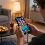 MAY88 app showcasing dynamic gameplay on a smartphone in a cozy home setting.