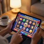 Player enjoying an online slot experience on tablet, showcasing situs slot and engaging visuals in a cozy setting.