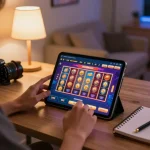 Player engaging with NK88 online casino on tablet, showcasing vibrant gameplay and responsible gaming atmosphere.