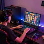 Online gaming scene featuring a player engaging with slot gacor on a laptop in a vibrant, immersive environment.