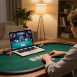 Player enjoying Poker88 on a laptop, showcasing an exciting online gambling scene.