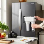 Showcasing an Overbest DA29-00020B Refrigerator Water Filter being installed in a modern kitchen, surrounded by fresh produce and cooking tools.