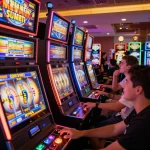 Pemain merayakan kemenangan di mesin slot yang cerah dalam suasana kasino yang meriah
