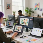 Nano Banana 2 AI image editor in vibrant creative workspace with designers collaborating on digital projects.