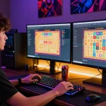 Toto gaming user fully engaged in online betting with vibrant setup.