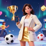 Engage in thrilling sports betting with bandar bola featuring a stylish Asian woman using a smartphone.