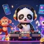 Nổ hũ slots showcase vibrant energy with DJ panda, dancing monkey, and rave kitten.