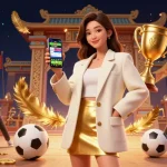 Exciting bet with trang chủ fly88 as an Asian woman holds a smartphone for sports betting surrounded by dynamic game elements.