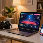 Engaging with the nhà cái 789bet app on a smartphone while enjoying a live dealer game on a laptop, showcasing responsible online gambling.