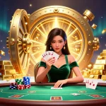 Experience winning strategies at gacor200 with an Asian woman playing poker surrounded by treasures.