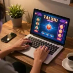 Tai Xiu Online gameplay in modern home setup, highlighting an engaged player and vibrant casino graphics.