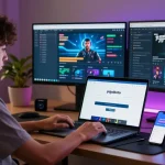 User engaging with pajaktoto login interface on sleek laptop in a vibrant home office setup.