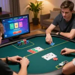 Kuwin players engaged in strategic online poker gameplay on their devices, showcasing excitement and focus.
