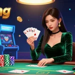 Experience strategic card play at 79king with vibrant neon arcade elements and bustling casino aesthetics.