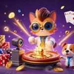 Experience vic88's thrilling casino world with vibrant slot machines, cards, and golden coins.