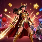 Experience thrilling gaming action with NEW88's enchanting warrior queen in a vibrant casino landscape.
