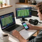 Engaging in sports betting on Fun88 com with multiple screens showcasing live odds and match updates.