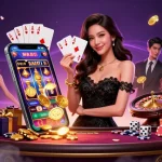 Winning at bayitoto casino with a stylish Asian woman holding ace cards, surrounded by dynamic gaming elements.