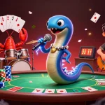 Engage with fly88's thrilling underwater casino scene featuring a DJ eel and vibrant characters performing.