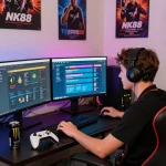 Young gamer using nk88 betting platform in a vibrant, illuminated room.