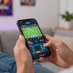 Engaging in sports betting with xx88 vin app on a smartphone in a cozy home setting.