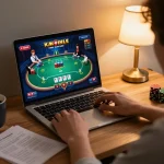 Engaging online poker gameplay session on lc88 laptop, showcasing user strategies in action.