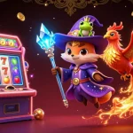 Engage with RUANGWD LOGIN through a captivating scene of a wizard, phoenix, and golden slot machines.