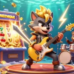Experience thrilling wins at NEW88 with a vibrant casino scene featuring a rock star wolf and rushing slot machine action.