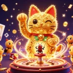 Experience the excitement of DU88 with a dazzling lucky cat surrounded by casino symbols and treasures.