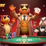 DewaPoker raptors humorously attempting to access VIP casino, surrounded by vibrant poker elements.