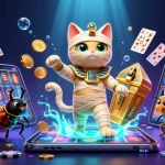 Play thrilling slot games with iwin using an Egyptian mummy cat and glowing scarab illustration.