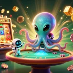 LU88 alien octopus collides with jackpot excitement at a dynamic casino scene, showcasing vibrant gaming elements.