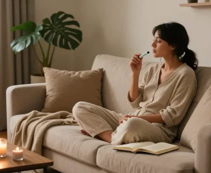 Properloud THC vape pen featured in a cozy wellness scene, promoting relaxation and self-care.