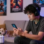 Engaged player using Raja Game login on smartphone in vibrant living room.